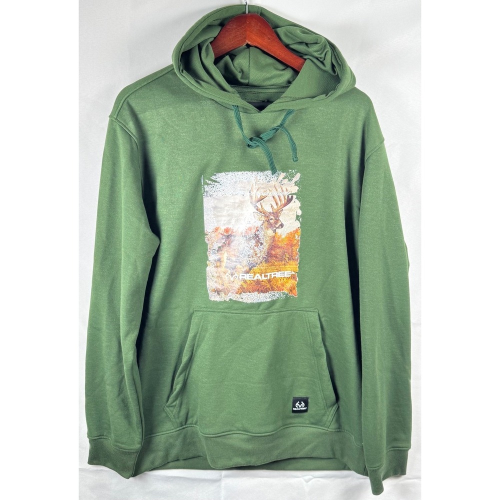 Realtree Mens Forest Green Buck Graphic Fleece Hoodie Sample RTM 10203 Medium